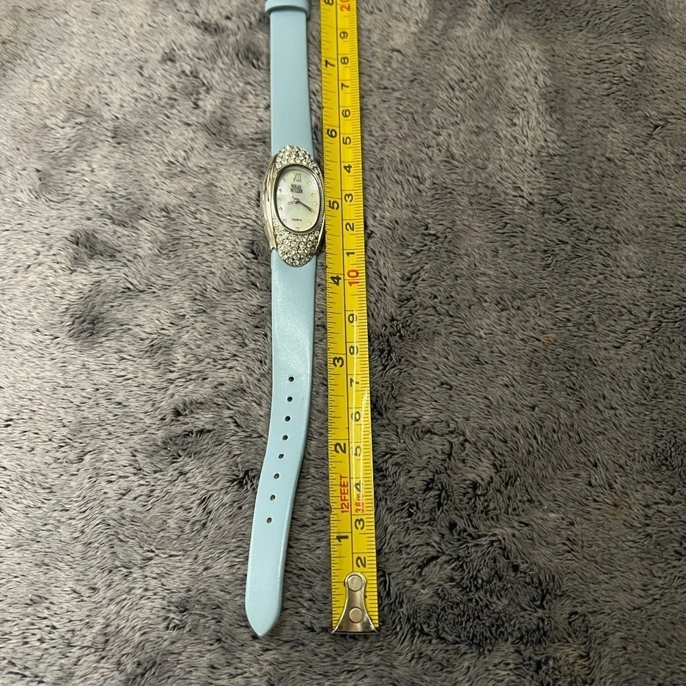 Nolan Miller Vintage Rhinestone Encrusted Bezel Light Blue Leather Band Watch